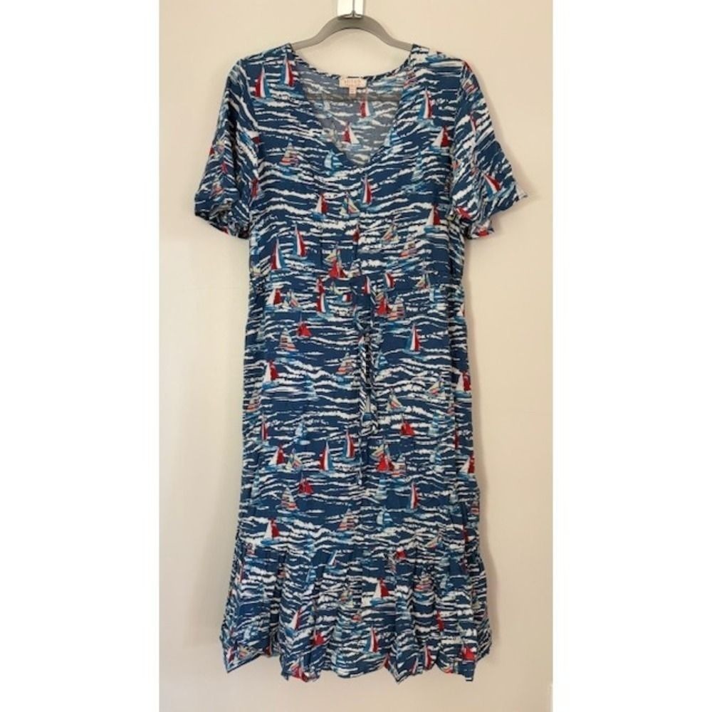 Stitch by Chenault Womens Blue Sailboat Print V-Neck Ruffle‎ Midi Dress Medium